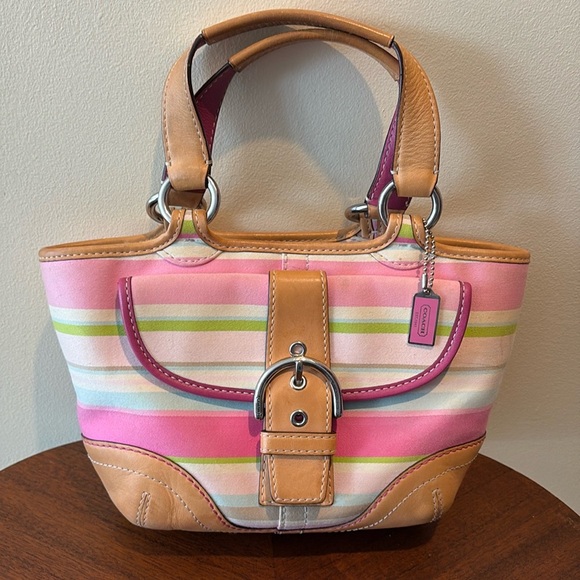 Coach Handbags - Coach Hampton striped mini bag  Vintage canvas pink green/2 color leather handle